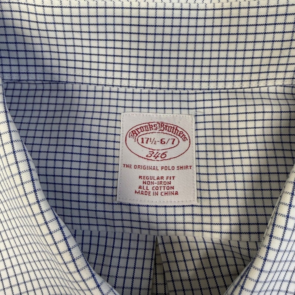 Brooks Brothers 346 Mens 17.5 6/7 Blue White Check Non-Iron Cotton Dress Shirt - Picture 2 of 13